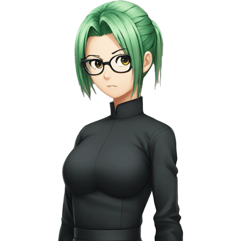 Maki zenin from jujutsu kaisen, Green hair tied one pony tail, visible glasses, serious face, wear black leggings, Jujutsu kaisen women uniform emoji