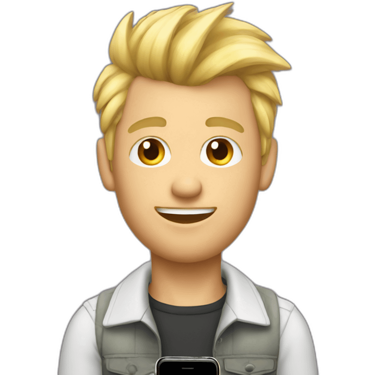 Blonde man with faux hawk hair holding iPhone emoji