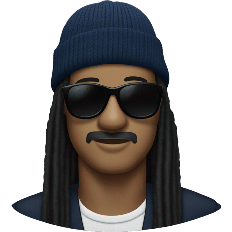 Stevie wonder with dark sunglasses and black dreadlocks under a  navy blue beanie emoji