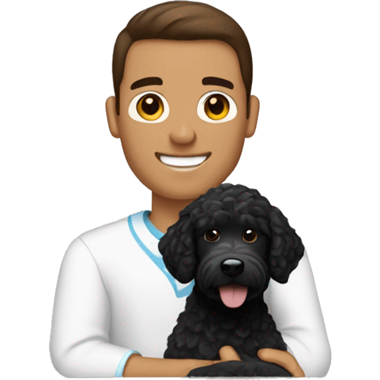 clean-shaven straight-haired brunette man holding black labradoodle emoji