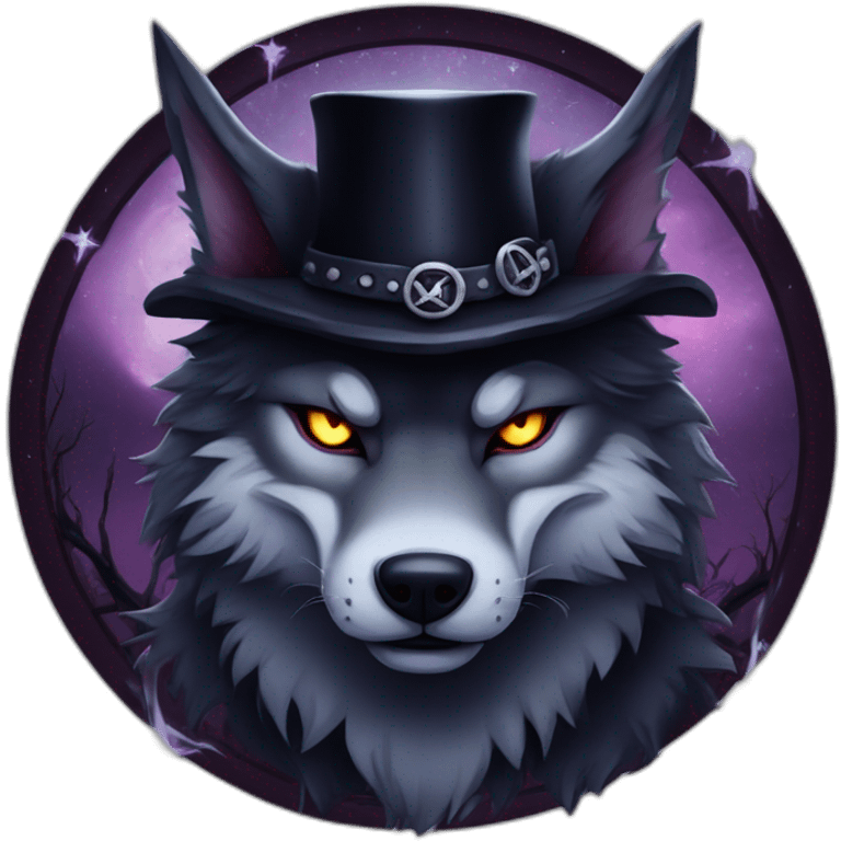 demonic wolf with a pentagram top hat and a pentagram chain with a haunting night background emoji