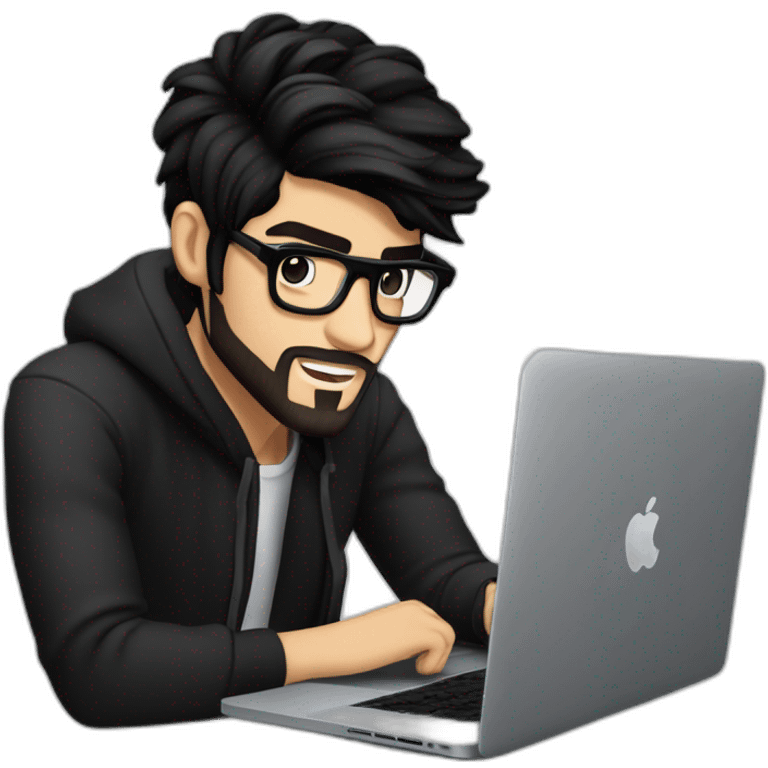 zayn malik in black hair, beard wearing spectacles coding on macbook emoji