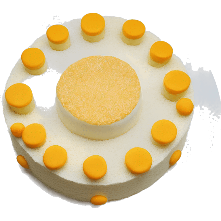 a round salted egg sponge cake on a white plate. The cake is topped with salted egg yolks, mayonnaise, pork floss, and cream cheese pieces, all arranged decoratively. emoji