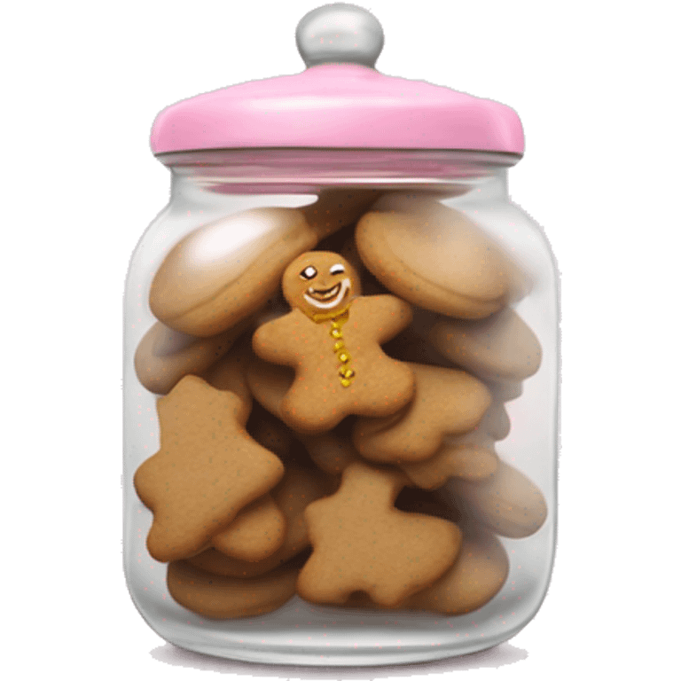 Realistic glass cookie jar with light pink lid full of gingerbread cookies isolated.  emoji