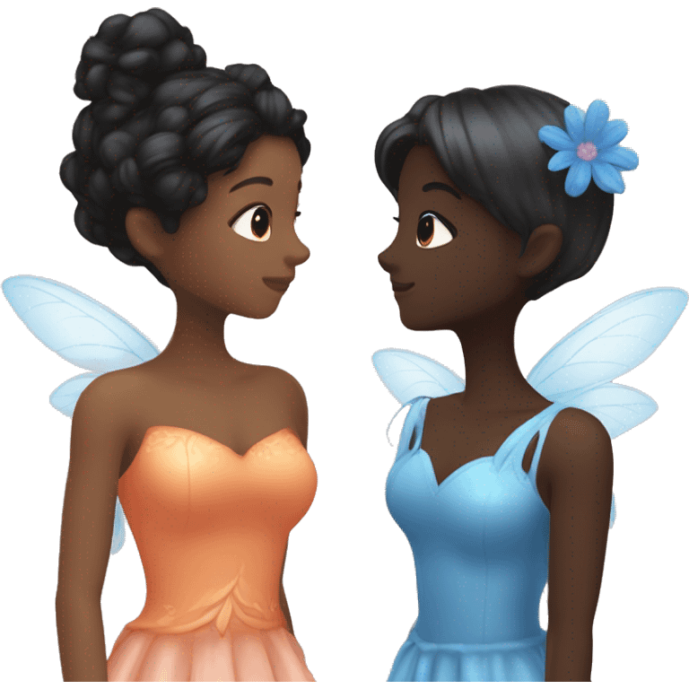 two fairies kissing, one is white and has a pink dress made from a flower and er hair is orange, and other is dark brown with black hair and a blue dress made of flower emoji