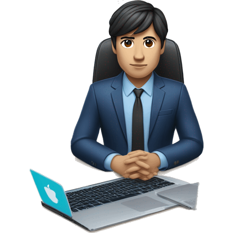 memoji of a young man with a laptop in front, apple-style, on laptop with a blue sticker with 4 letters: "WYZE", modern, dark hair, dark blue suit, computer in hand, chinese skin, sitting on this desk emoji