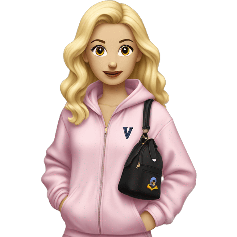 A blonde in a velor tracksuit holds a Louis Viton bag emoji