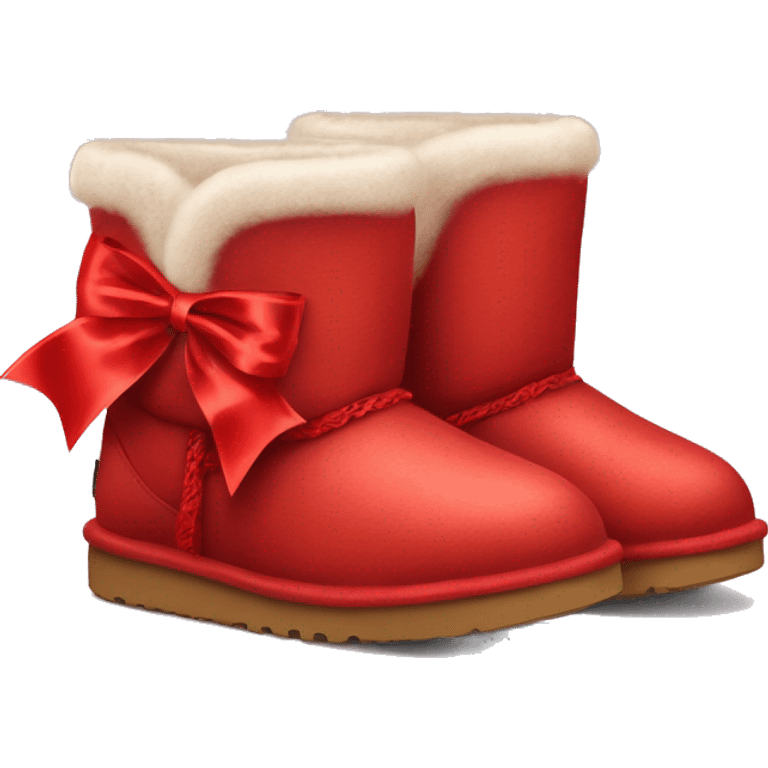 Pair of red Ugg fur boots with red silk ribbon bows. emoji