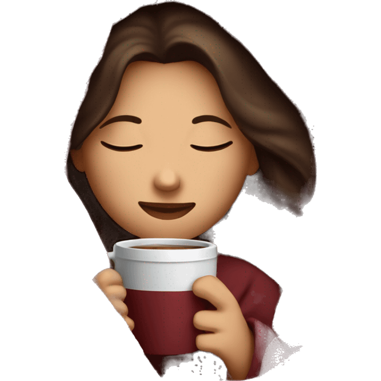 Brunette girl inside a burgundy blanket sipping coffee eyes closed emoji