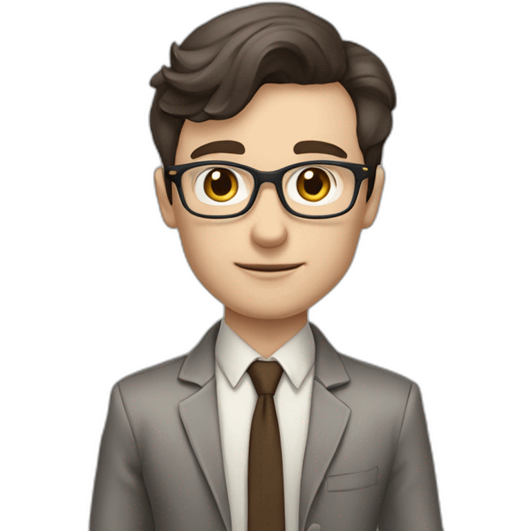 Pale skinned fit man with dark brown hair in gray jacket, beige office shirt, brown tie, brown pants and vintage glasses Writing on the flipchart emoji