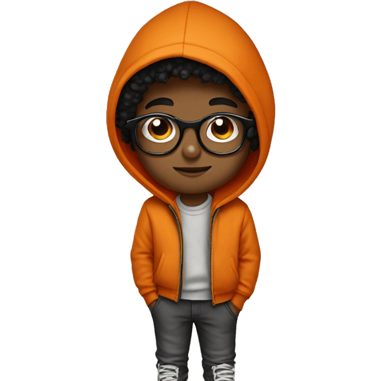 young boy, orange hoodie, black curlies, round glasses emoji