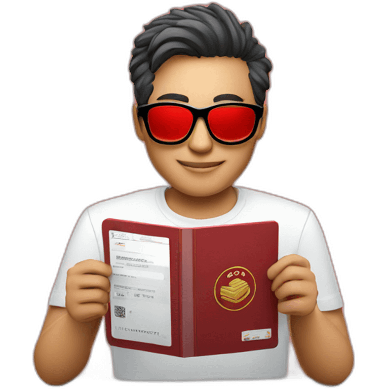 cool tech CEO holding red Singapore passport wearing glasses. Shirt says ONLOOP emoji