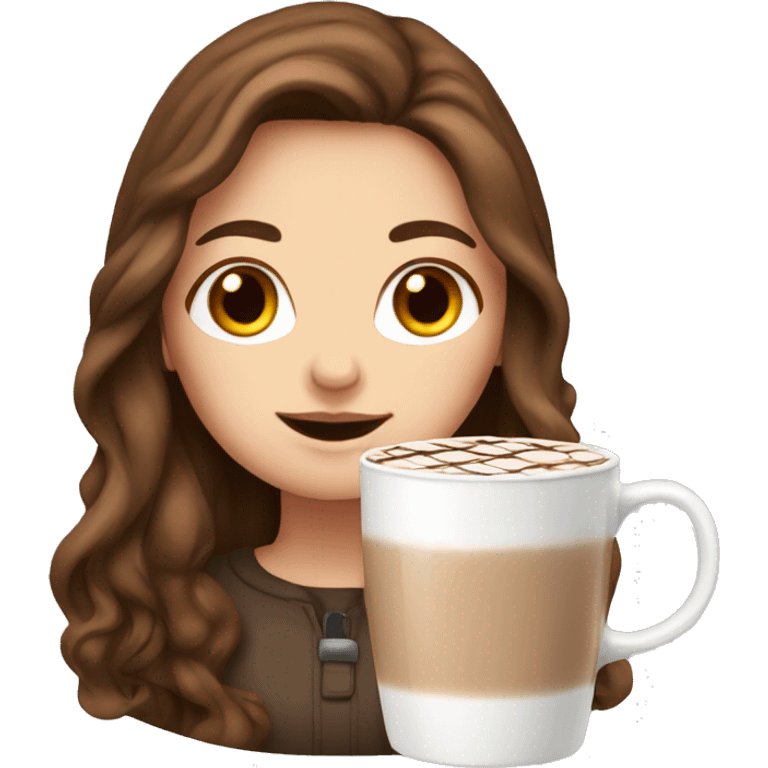 white girl with brown long hair and a hot chocolate emoji