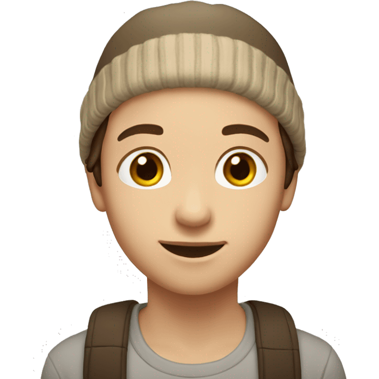 Head only, medium-length brown hair, beige beanie, round eyes, soft smile. emoji