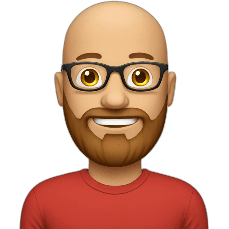 Bald man smiling with glasses and big brown beard with. Wearing red t shirt emoji