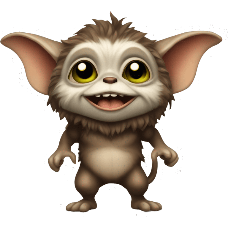 A full body image of a cute gremlin named gizmo that is smiling emoji