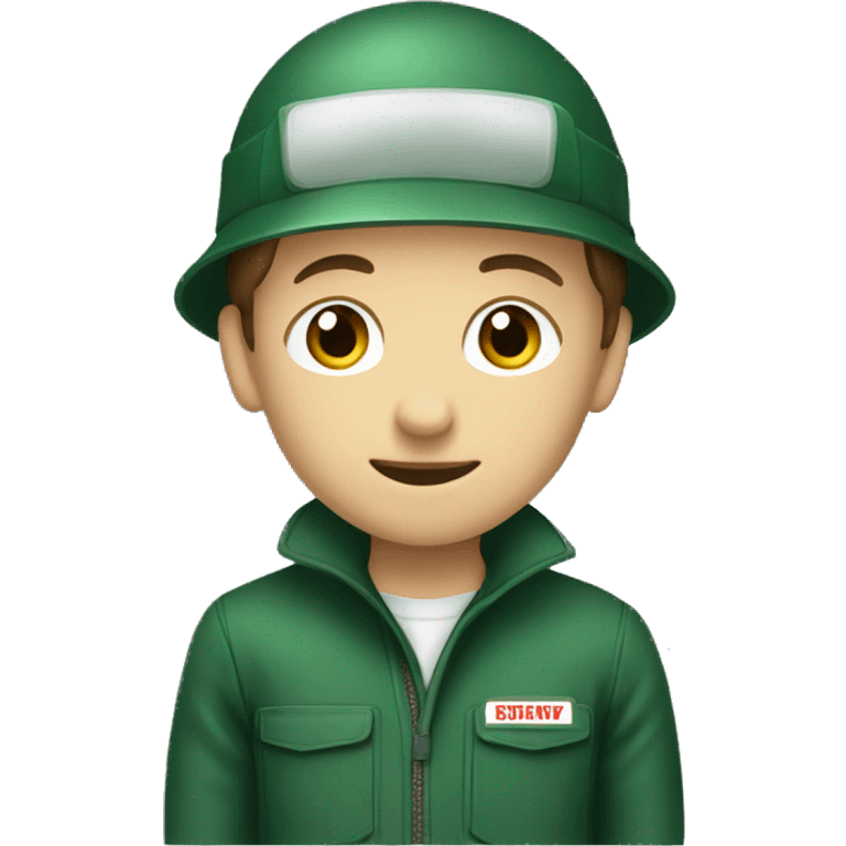 A BOY WEARING DARK GREEN COVERALL WITH BROWN SAFETY HELME emoji