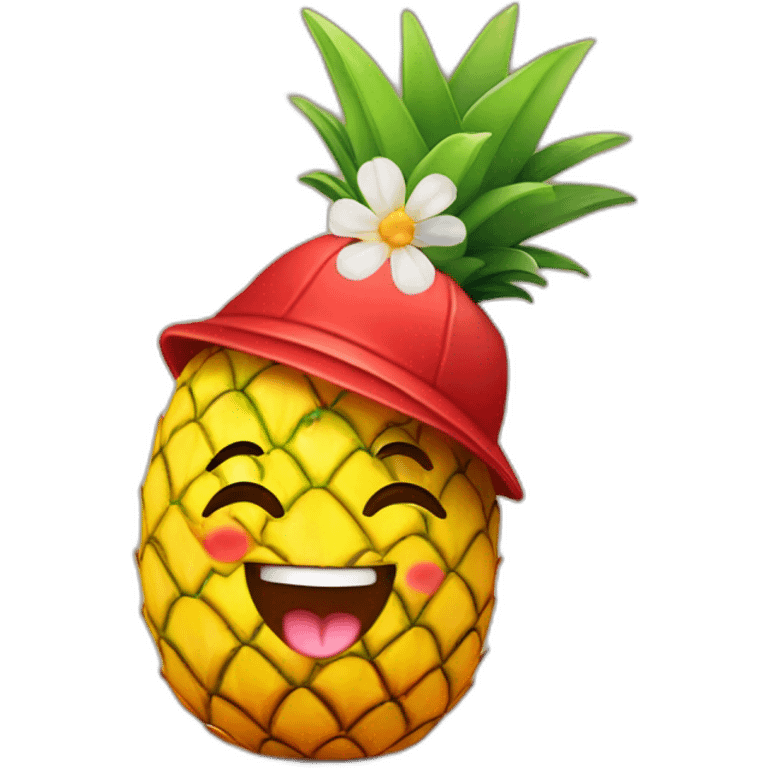 a cheerful pineapple in a red cap with a flower in his hands emoji