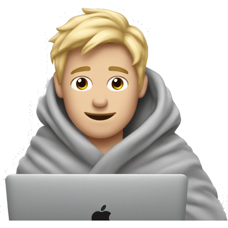 blonde guy snuggled up in cozy grey blanket with MacBook  emoji