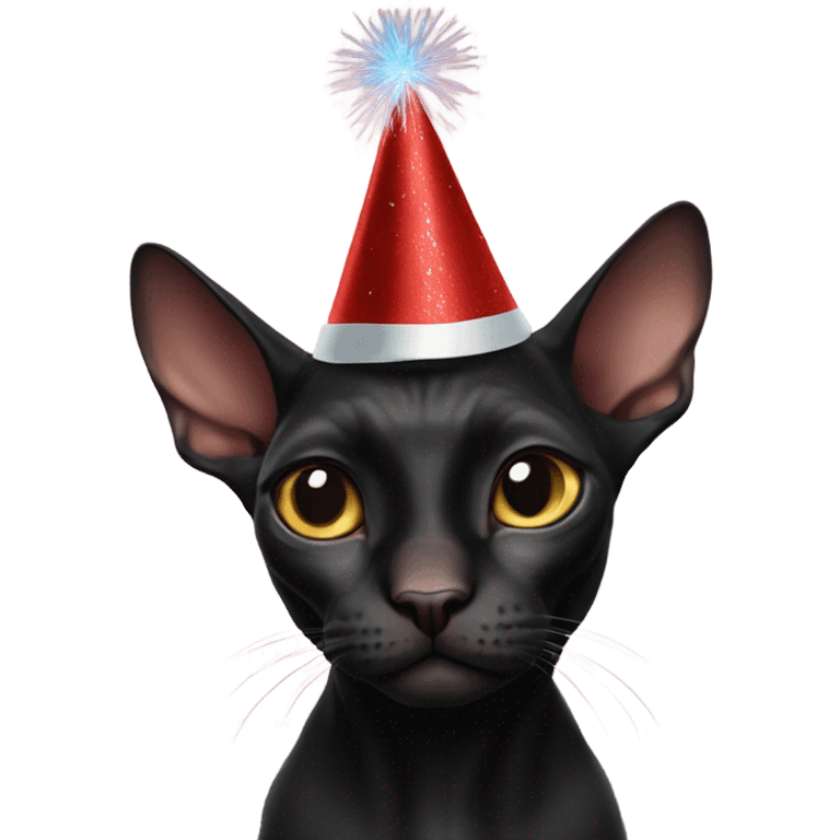 Black Sphinx cat in a New Year's hat emoji