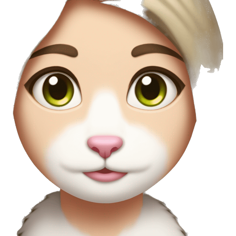 a girl with mid-length brown hair and brown eyes with a scar in the middle of her left eyebrow that forms a line that hugs a white cat with a pink nose and green eyes emoji