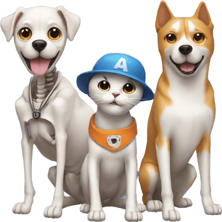 A Skeleton with a cat And a dog with cap emoji