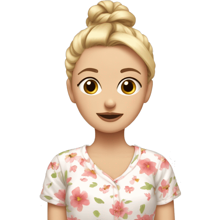 Blonde girl in floral pyjamas with messy bun at the top of her head emoji