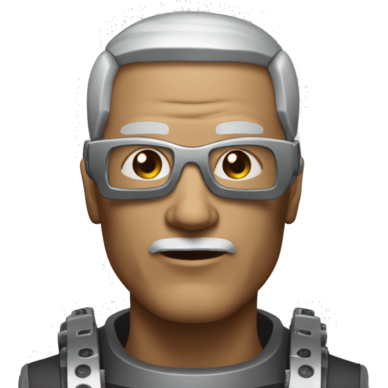 Older Male cyborg head with metallic plated face, brown flat top haircut, glasses and circuitry emoji