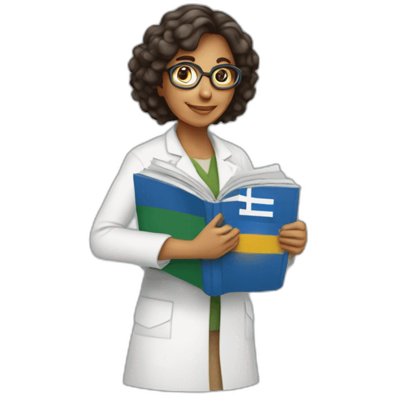 Woman scientist holding a Greek flag and a physics textbook emoji