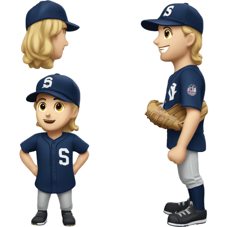 Caucasian baseball player with navy jersey and hat with S initial emoji