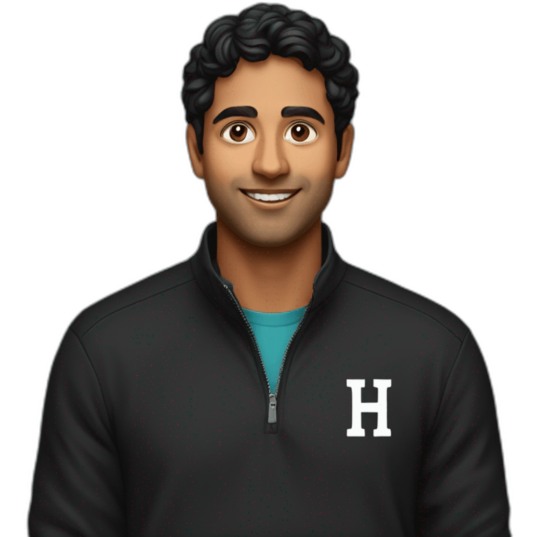 25 year old indian silicon valley creator economy startup founder in a black quarterzip with a harvard logo emoji