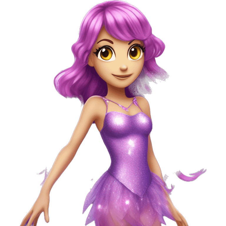 Tecna adult fairy of technology her enchantix fairy purple sparkling two-piece clothing and fairy enchantix wings and long dark pink hair in from winx club. Lots of sparkles and fairydust. Full body pic and full fairy bliss emoji