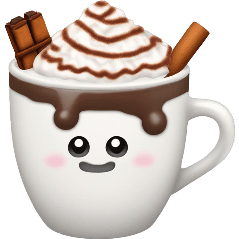 Decorated Christmas mug of hot chocolate with whipped cream and cinnamon emoji