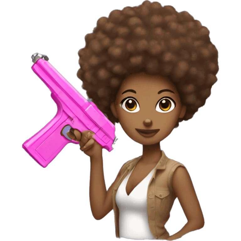 Brown girl holding a pink gun long Afro hair cash emoji