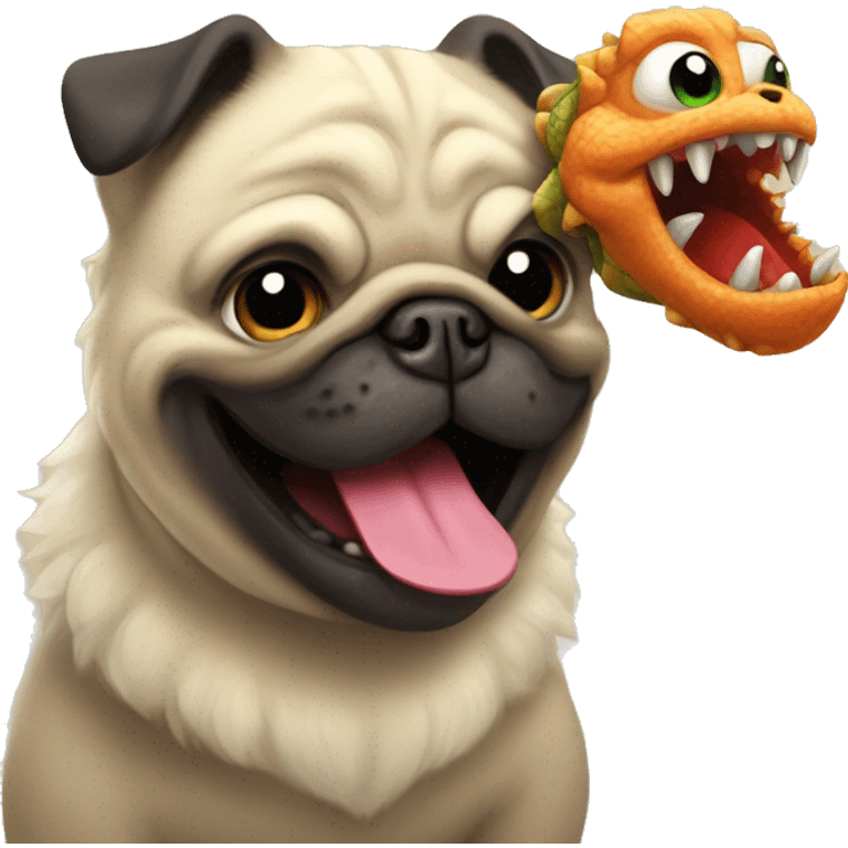 Fluffy pug playing with his toy pet dragon in his mouth emoji