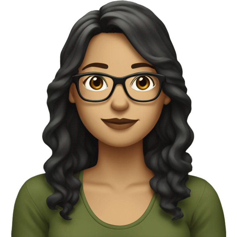 white skined woman with wavy long black hair with a olive green tank top with glasses tortoise  emoji