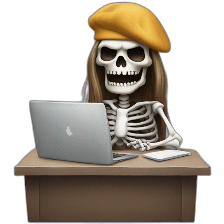 a-scary-skeleton-with-long-hair-and-beret-sitting-at-computer emoji