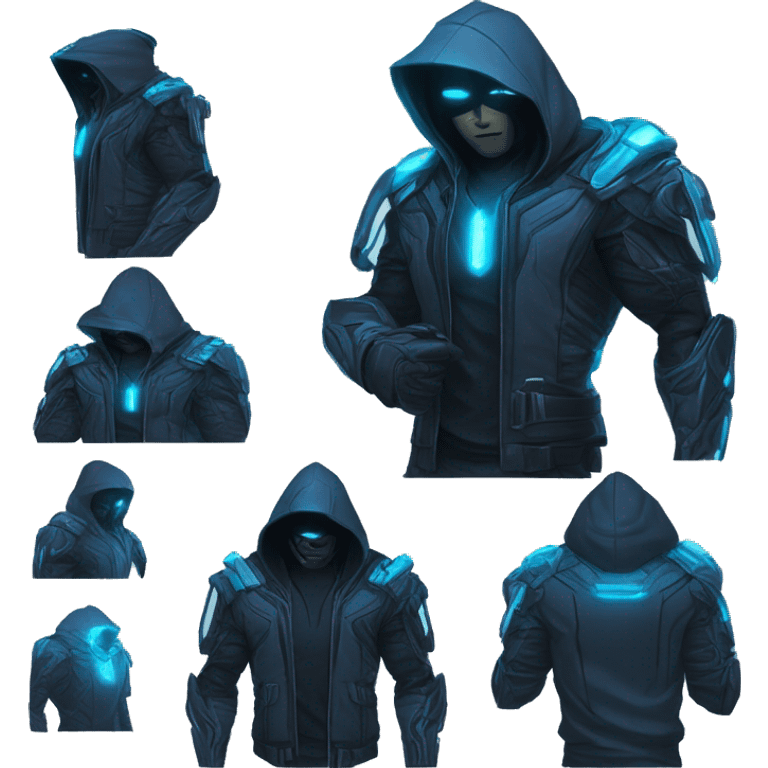 developer behind his laptop with this style : crysis Cyberpunk Valorant neon glowing bright blue character blue black hooded assassin themed character emoji