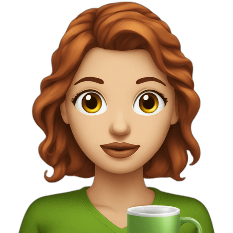 mulher-ruiva-olho-verde-cabelo-liso-segurando-caneca-café emoji