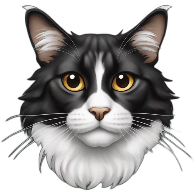 Main coon noir avec ventre blanc et une tache blanche sur le nez qui donne la pate emoji