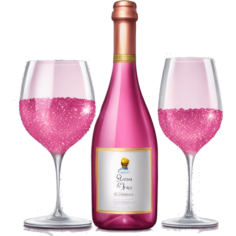 Realistic sparkling diamond glam bottle of pink Wine and matching long stem wine glass. emoji