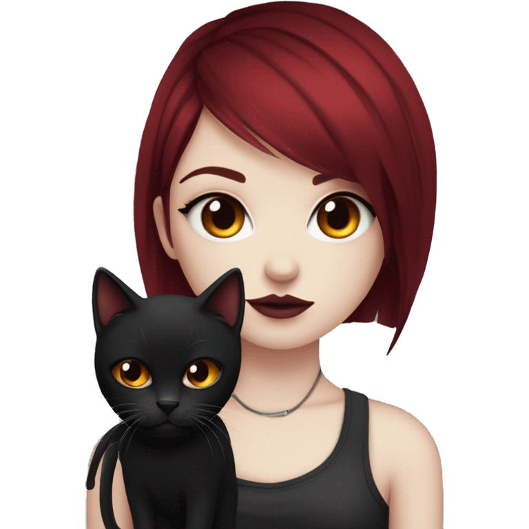 Pale girl with black eyeshadow and burgundy red colored hair with an emo haircut that’s long and layered holding a black cat emoji