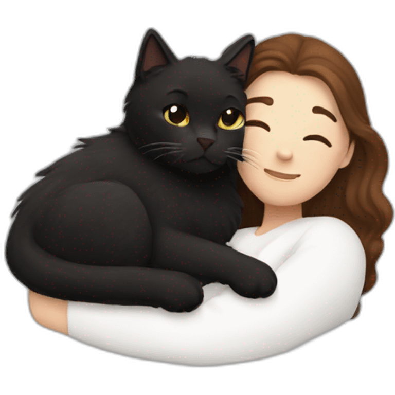 black fluffy cat and white woman with brown hair cuddling emoji