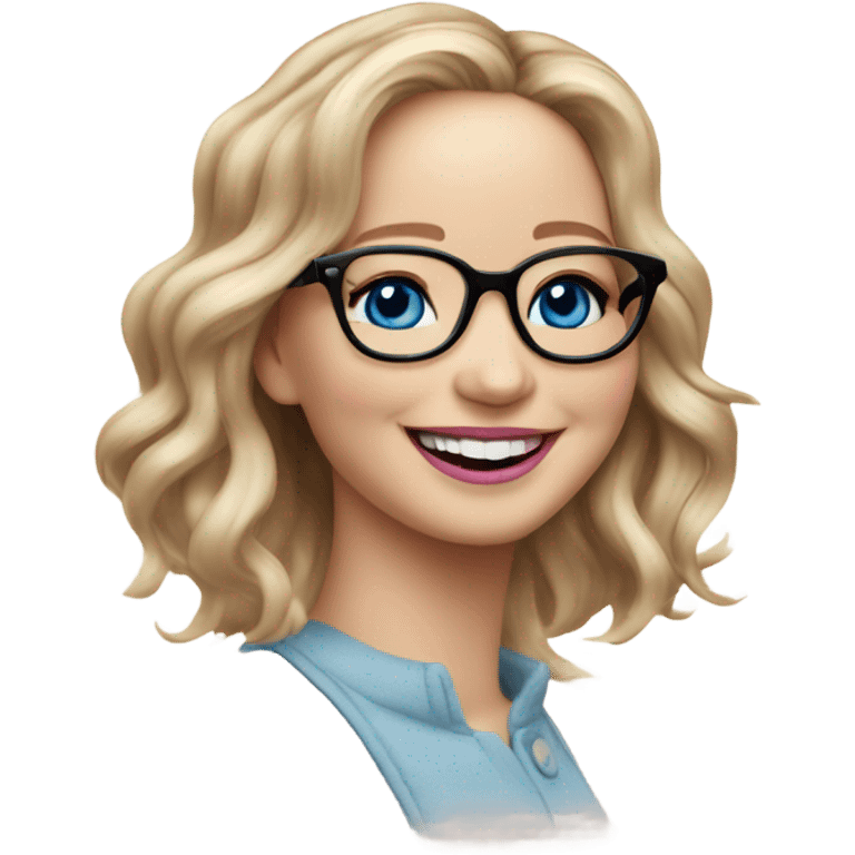 Happy laughing Jennifer Lawrence,  blue eyes wearing glasses and pink lipstick  emoji