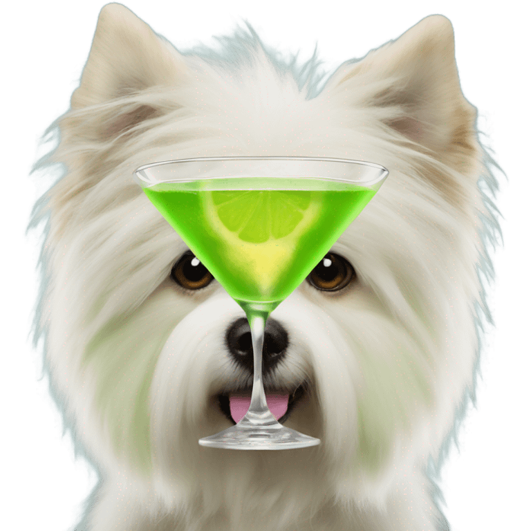 lime green fluffy dog with pointy ears and a martini emoji