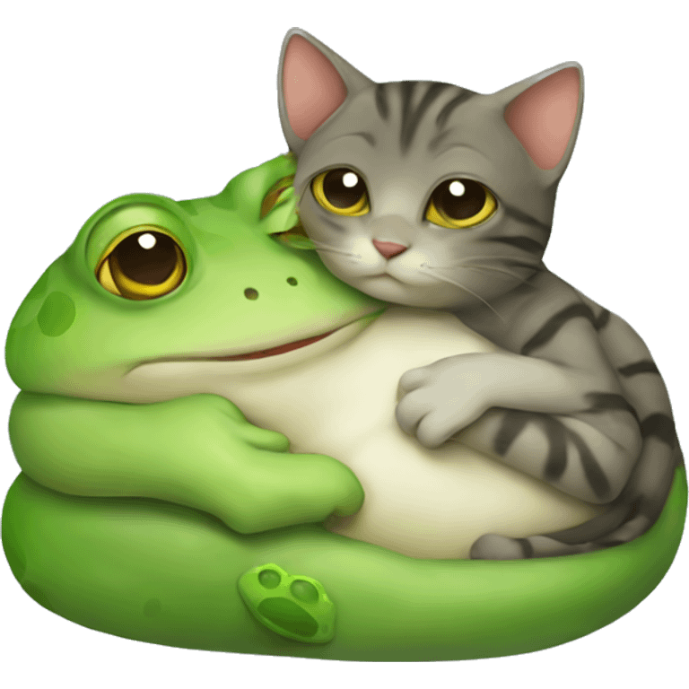 Cat cuddling a frog emoji