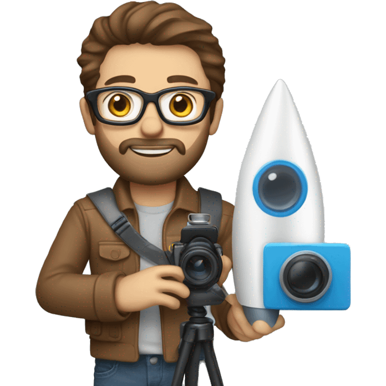 Man with glasses and brown hair and beard blue eyes, holding a camera, and a toy rocket emoji