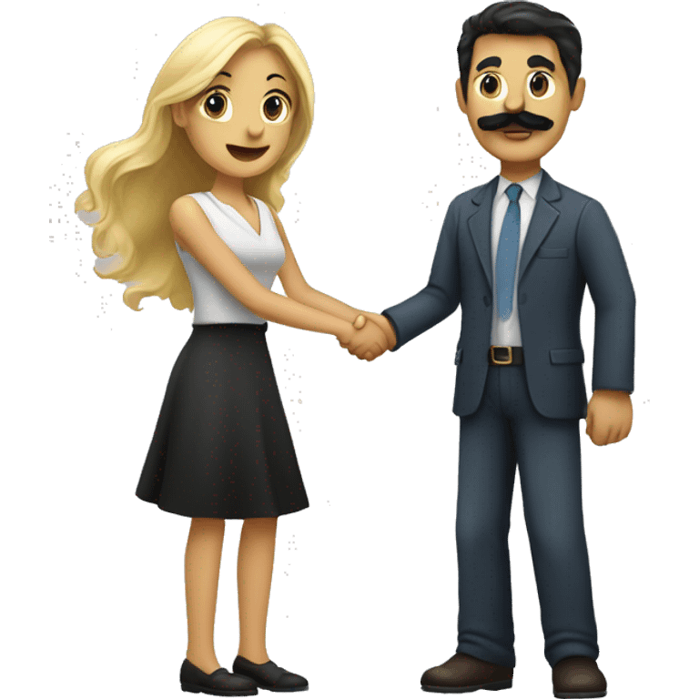 blonde woman shaking hands with dark hair dark eyed man with mustache  emoji