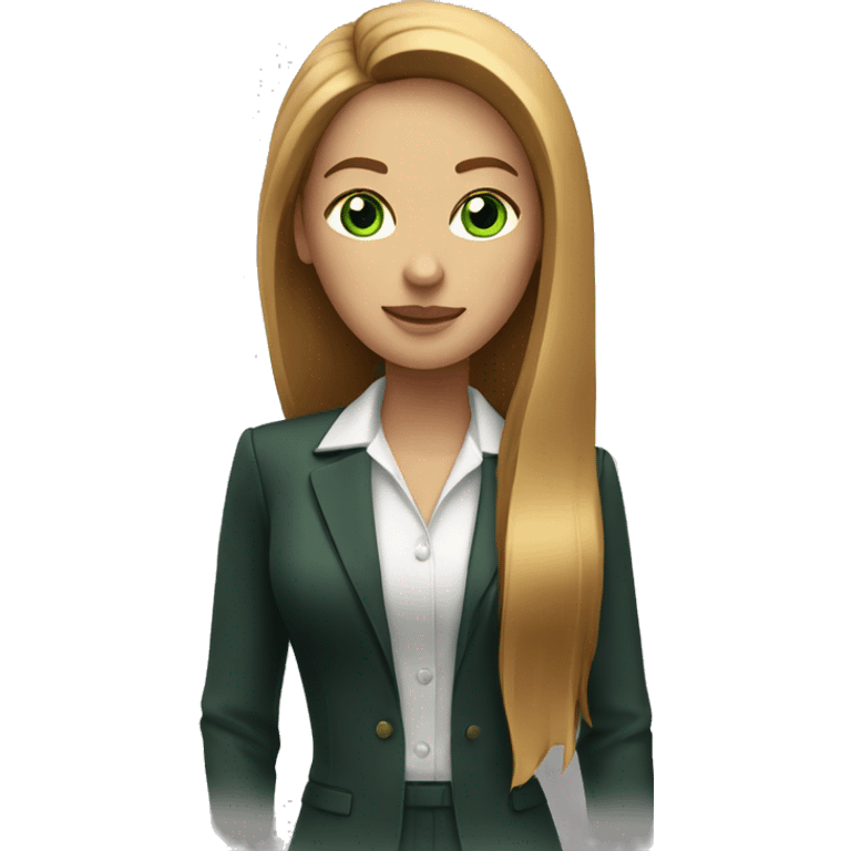 executive woman, long straight golden brown hair, green eyes, heart shaped face emoji