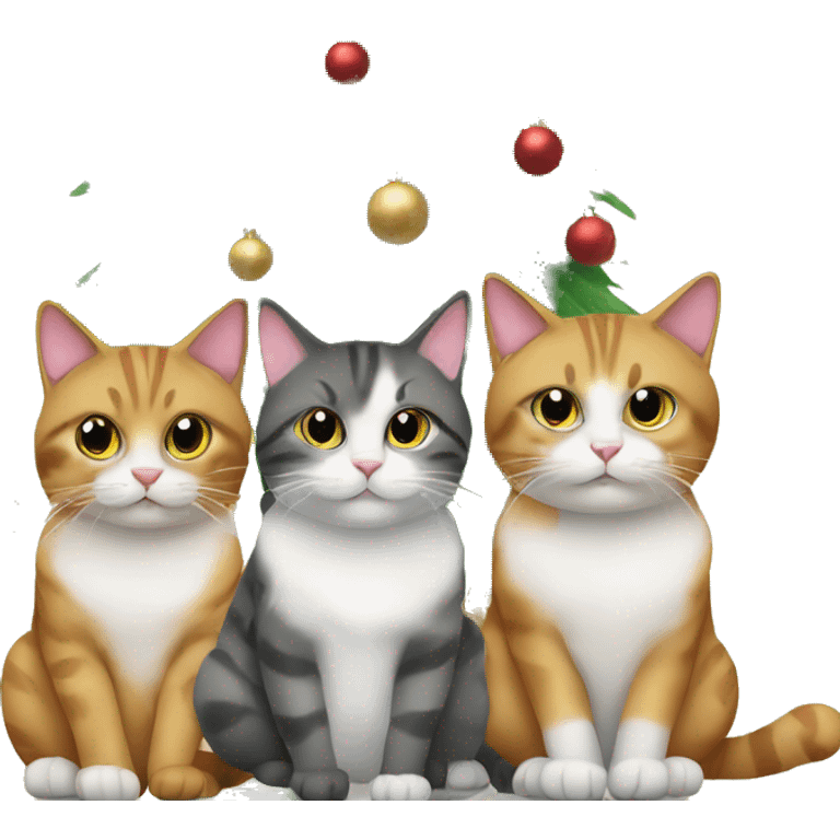 Four different cats sitting under a Christmas tree  emoji